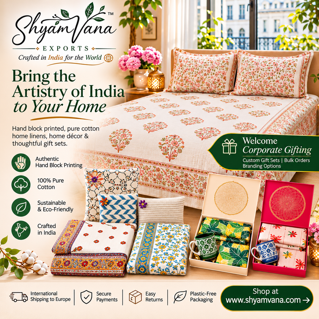 Shyamvana Crafts hand block printed cotton bedsheet and gift sets, crafted in India for the world