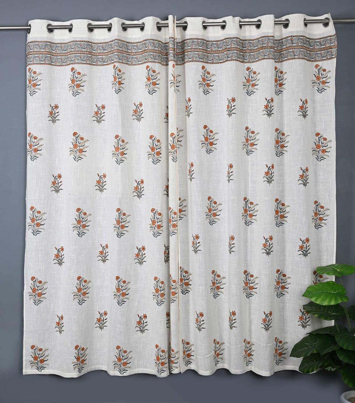 Hand Block Printed Slub Textured Curtains - Set of 2