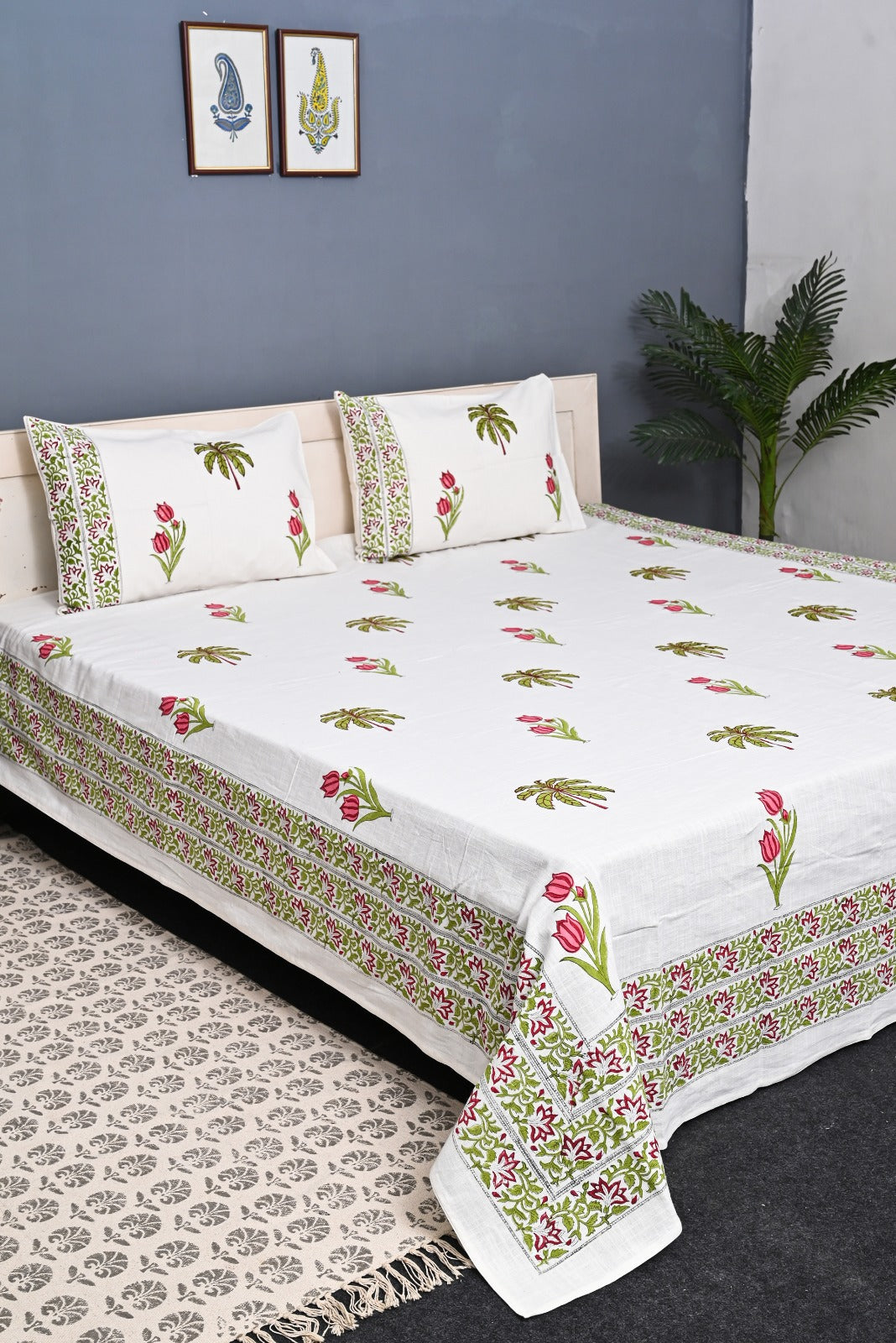 Handloom Cotton Block Printed Double Bedcover Set