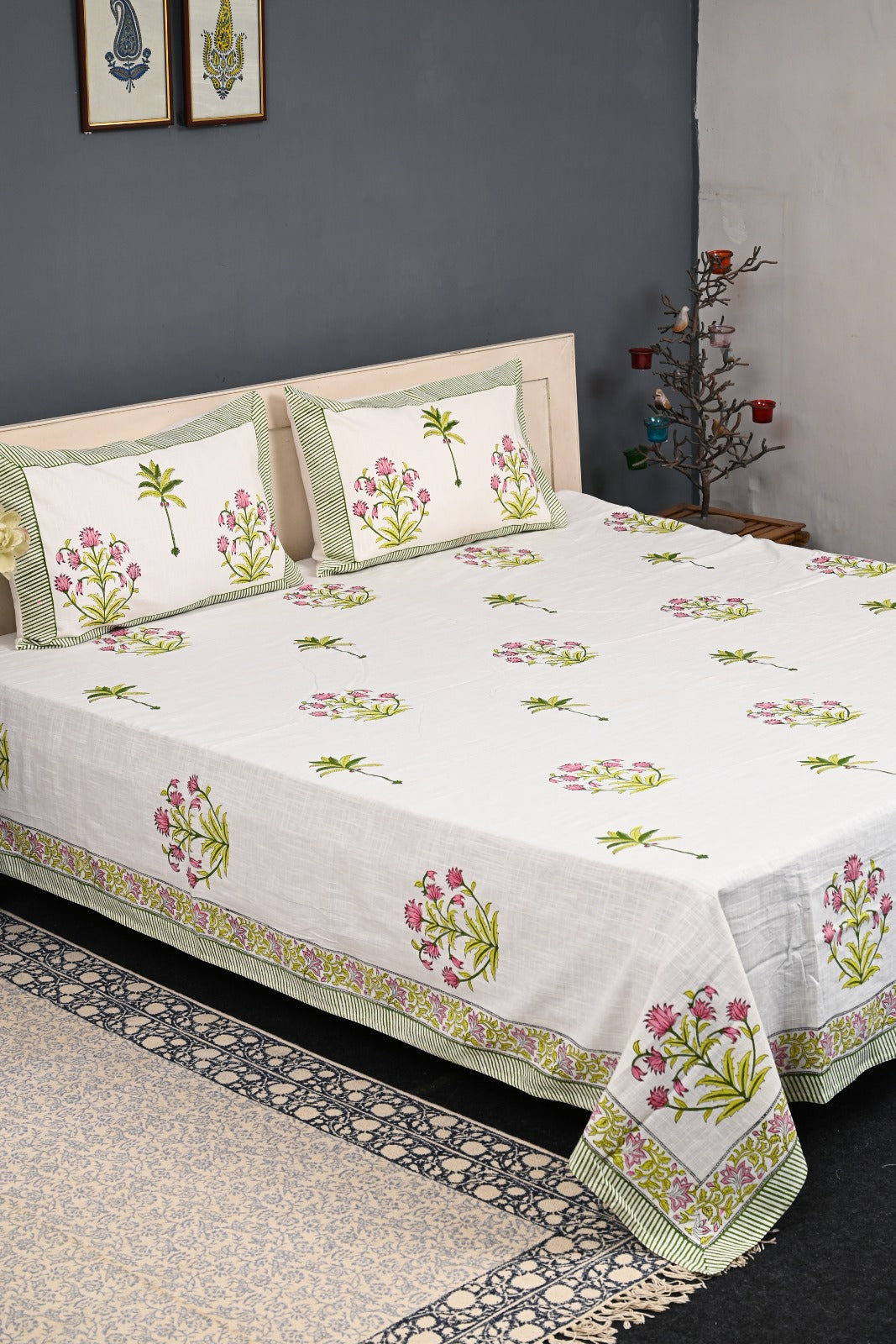 Handloom Cotton Block Printed Double Bedcover Set