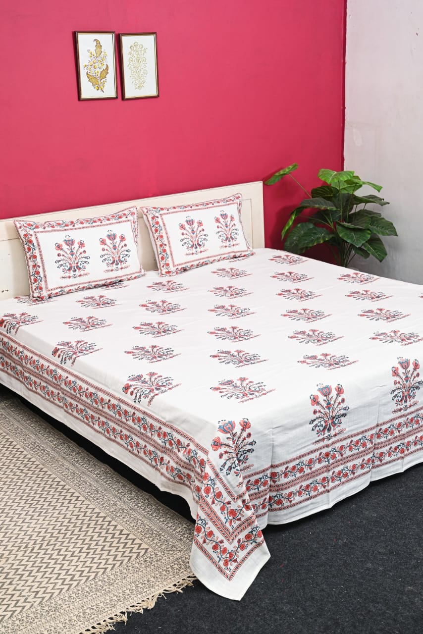 Handloom Cotton Block Printed Double Bedcover Set