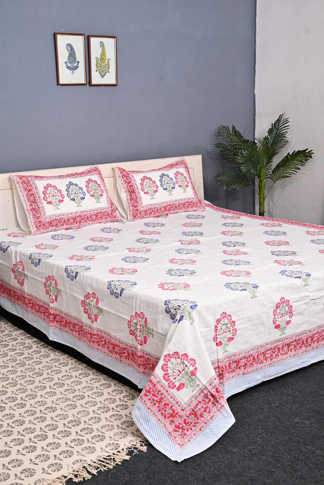 Handloom Cotton Block Printed Double Bedcover Set