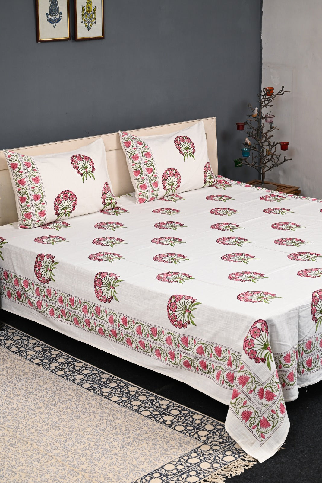 Handloom Cotton Block Printed Double Bedcover Set