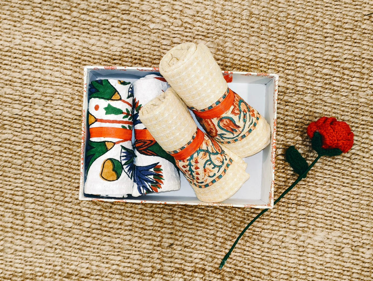 Premium Hand Block Printed Hand Towel Gift Set (Pack of 4)