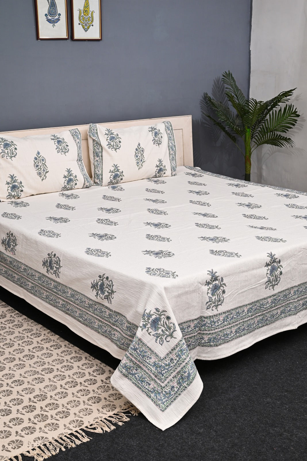 Handloom Cotton Jute Bedcover Set - Block Print