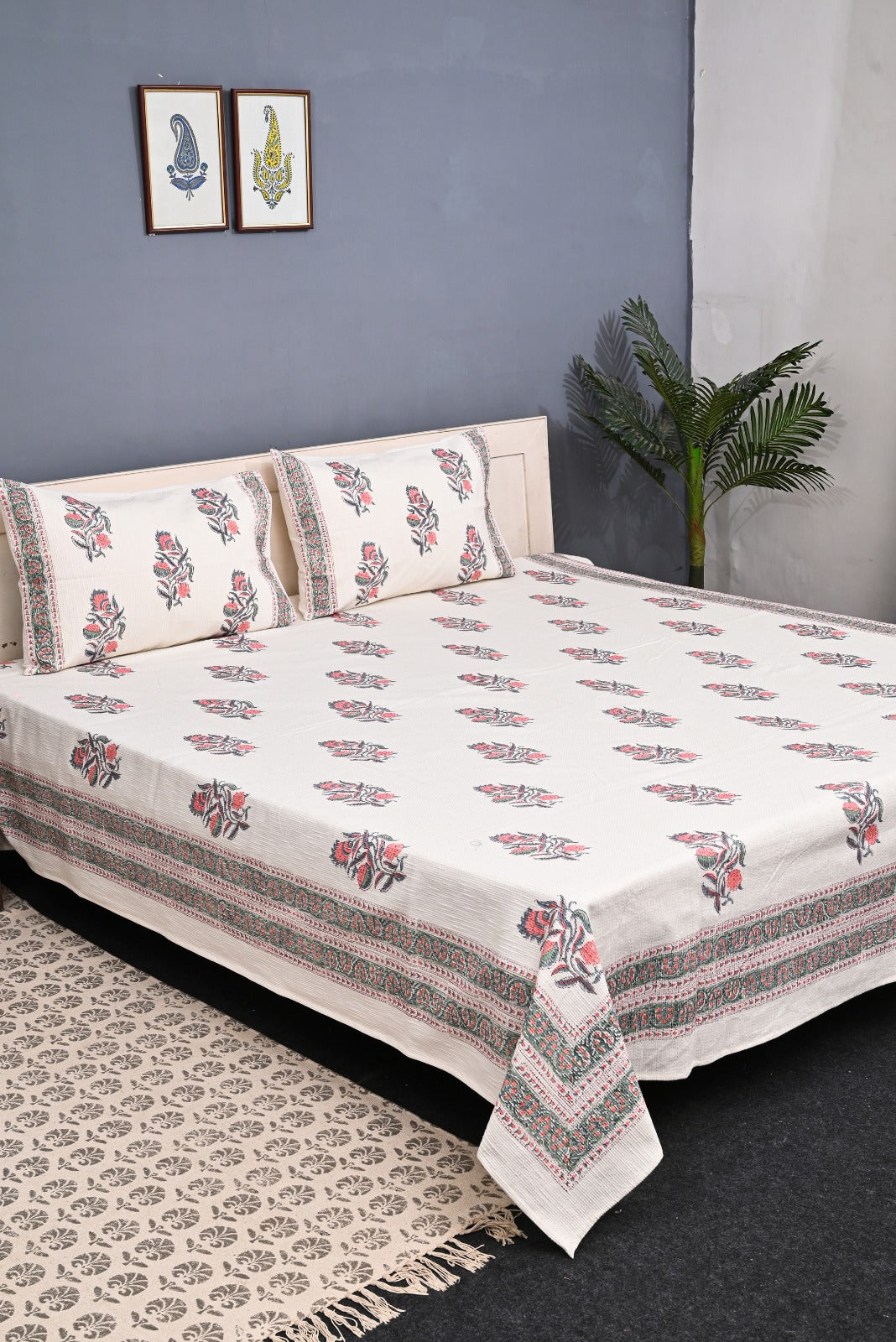 Handloom Cotton Jute Bedcover Set - Block Print
