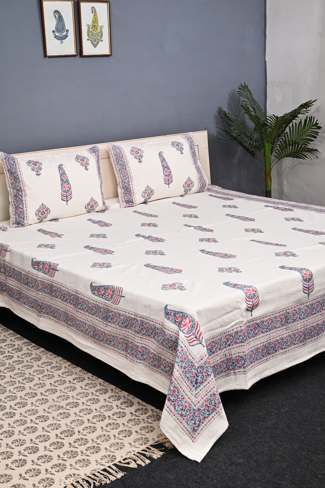 Handloom Cotton Jute Bedcover Set - Block Print