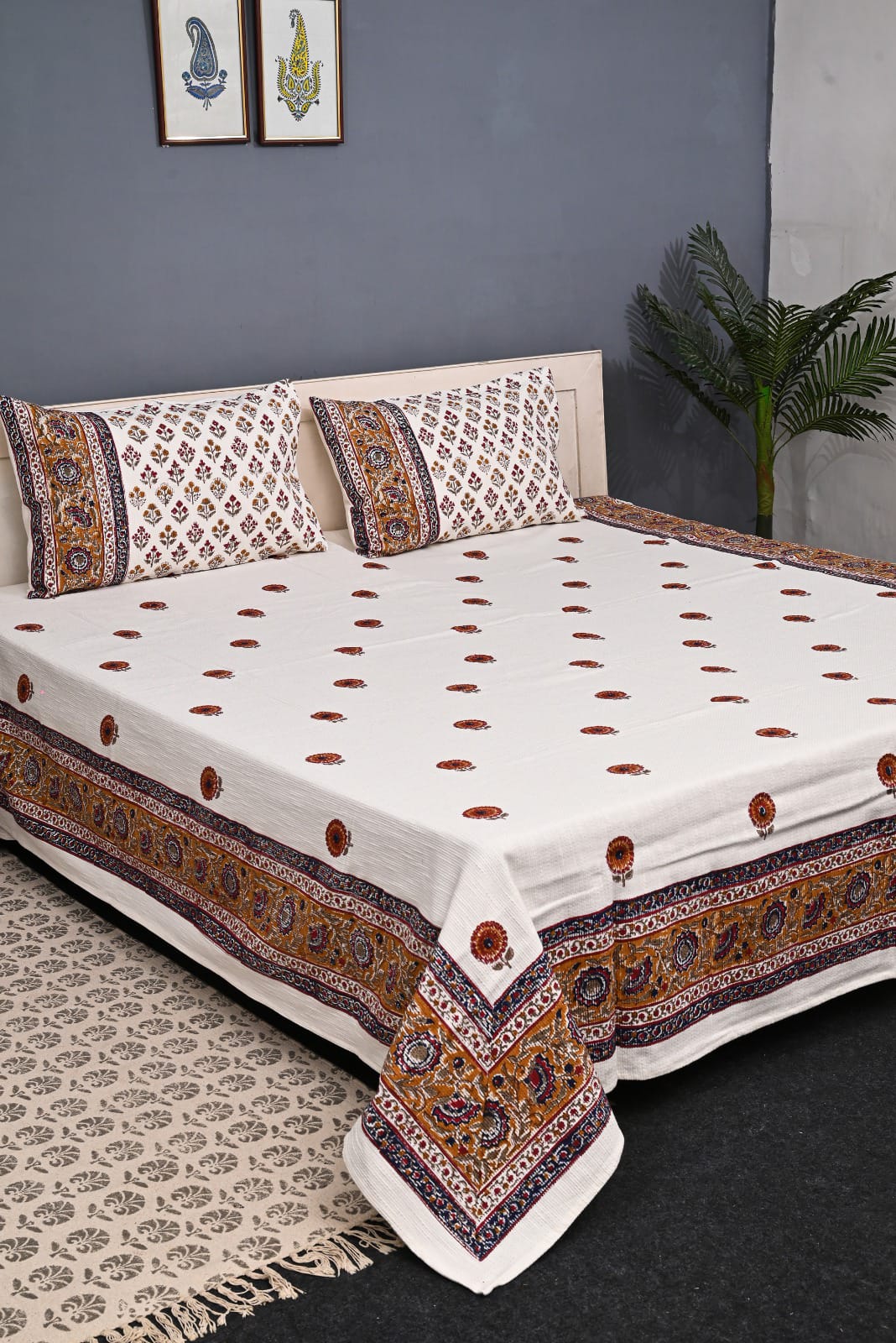 Handloom Cotton Jute Bedcover Set - Block Print