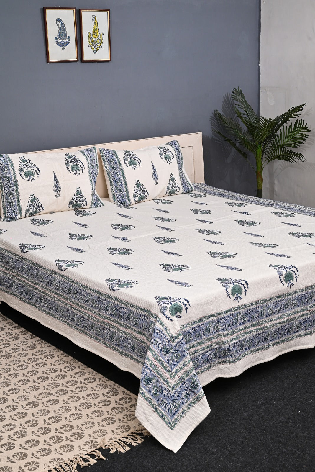 Handloom Cotton Jute Bedcover Set - Block Print