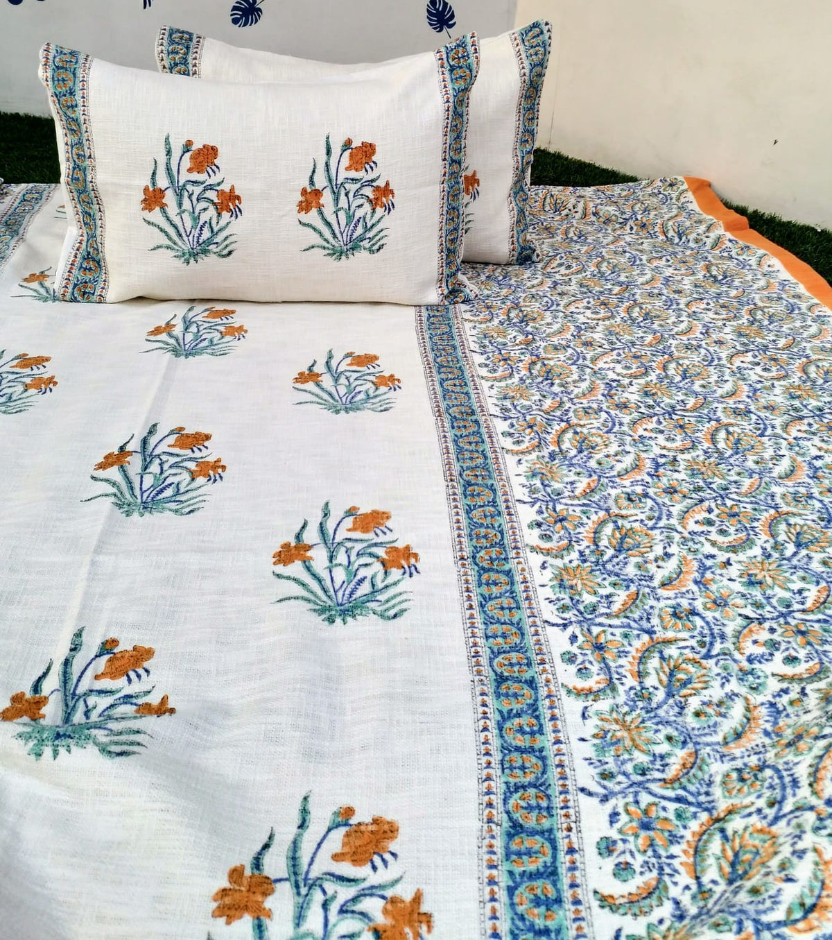 Handloom Cotton Jute Bedcover Set - Block Print