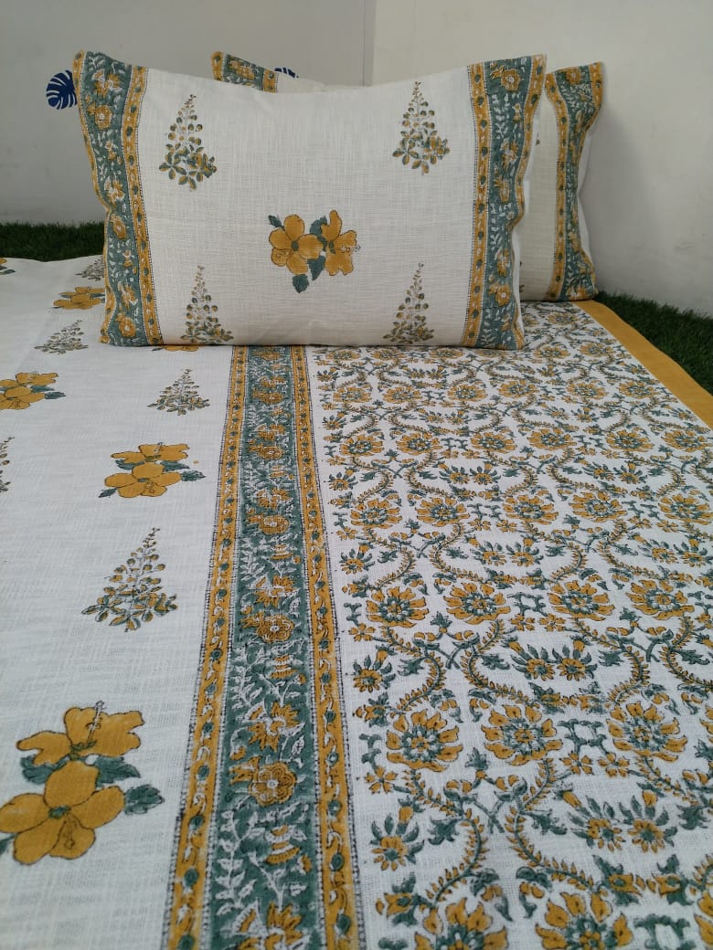 Handloom Cotton Jute Bedcover Set - Block Print