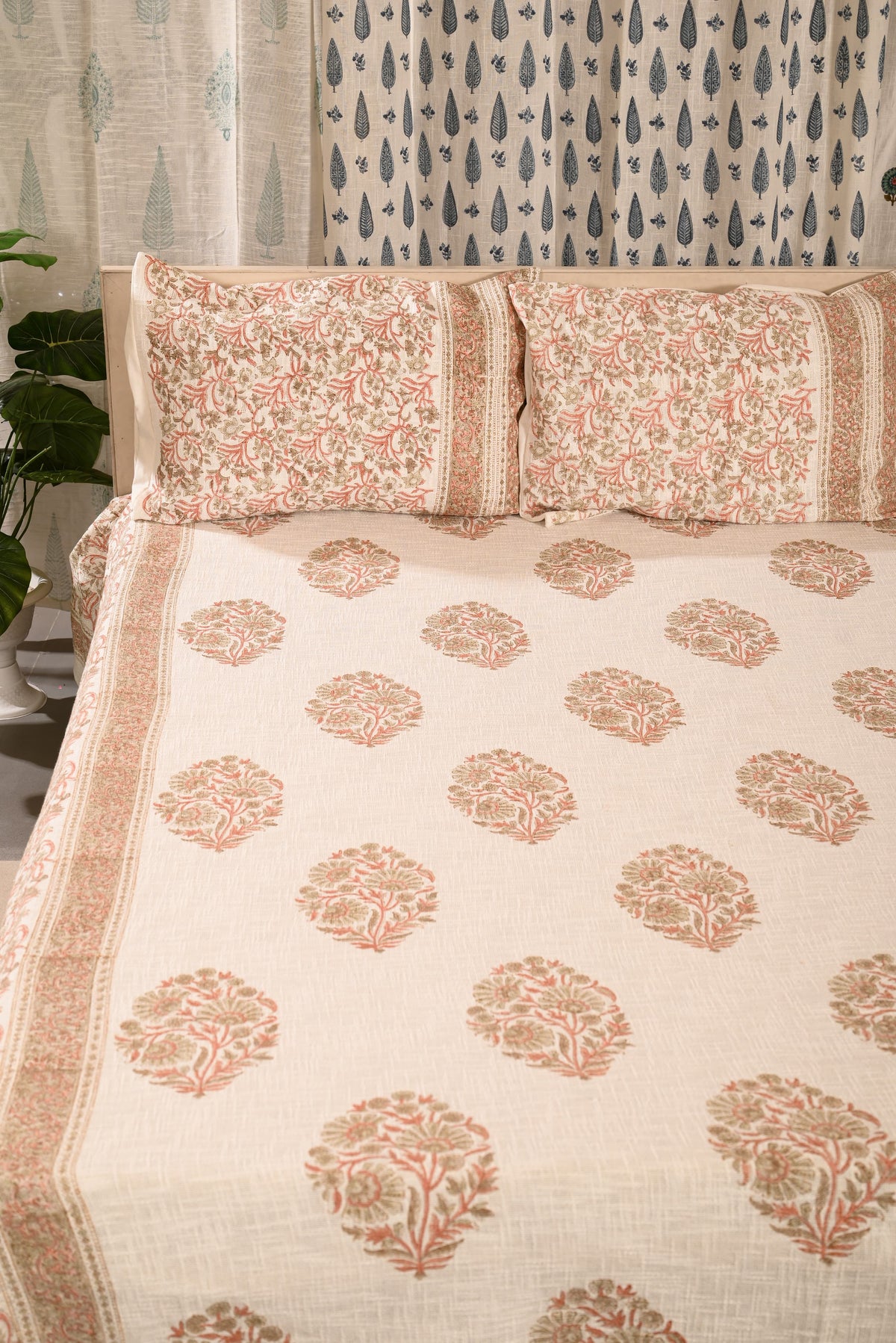 Handloom Cotton Jute Bedcover Set - Block Print