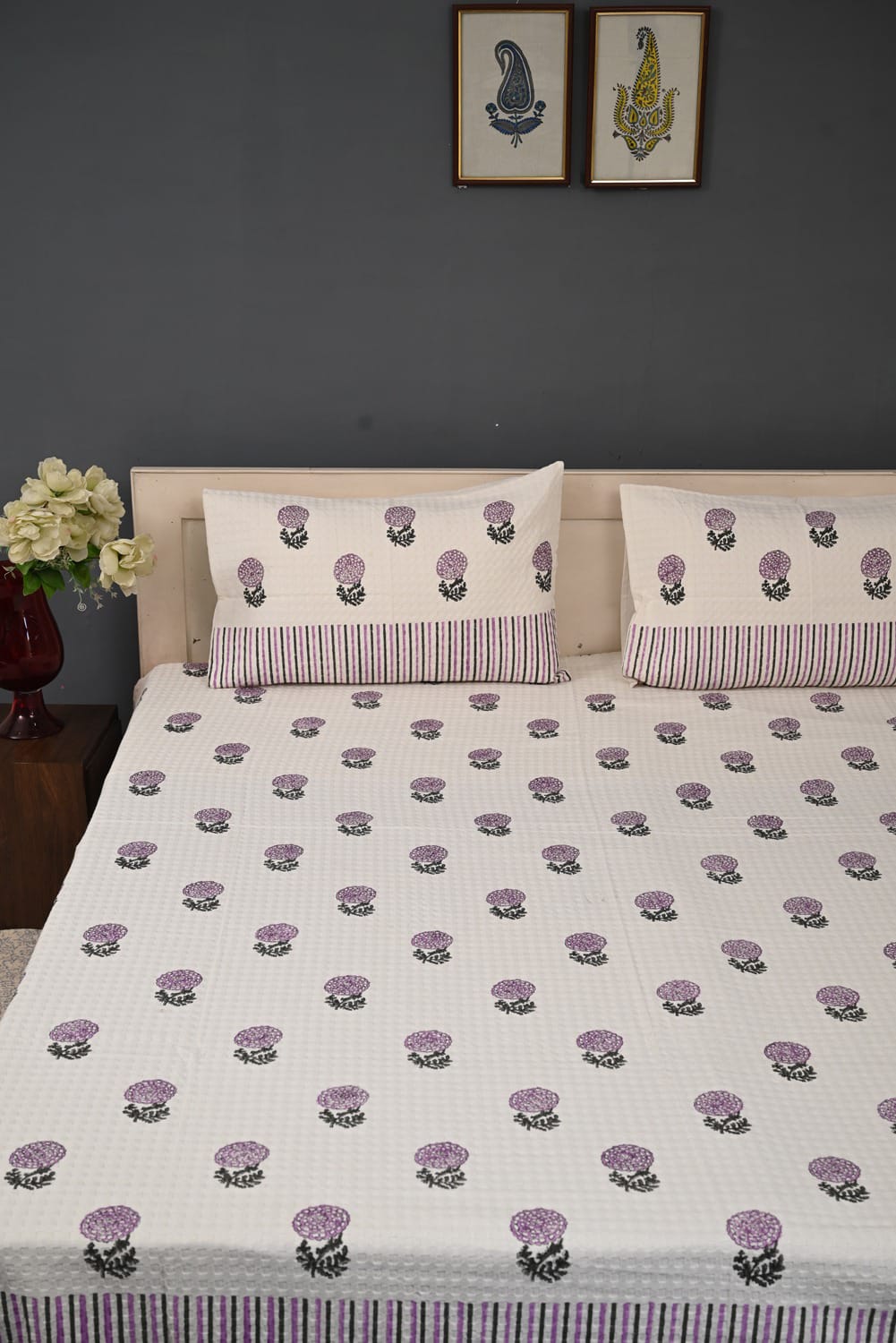 Handloom Cotton Jute Bedcover Set - Block Print