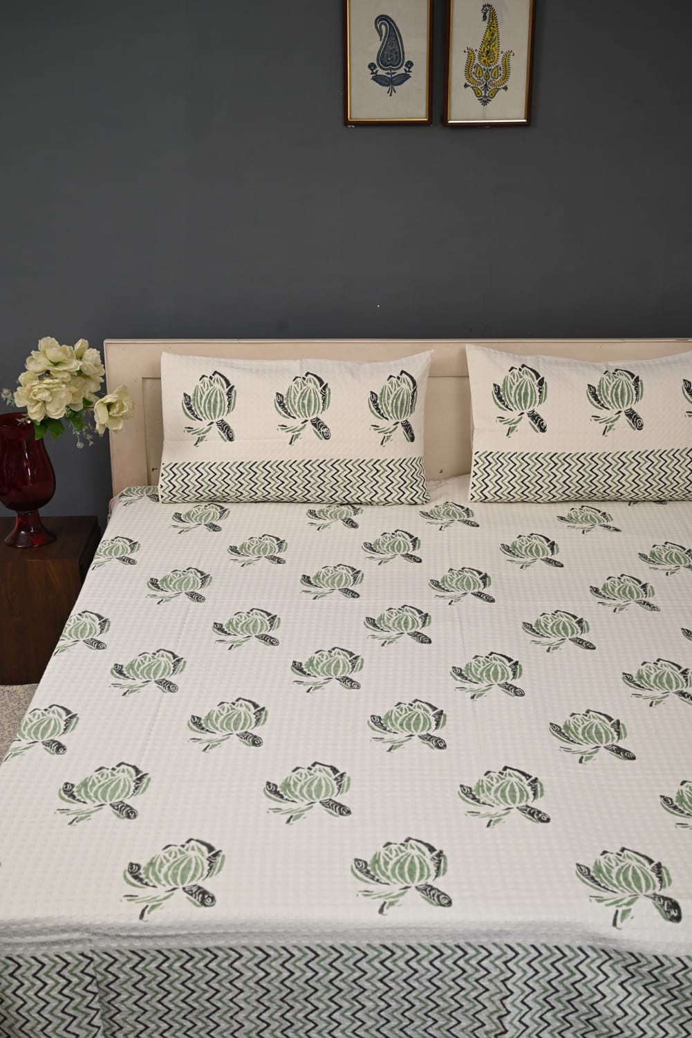 Handloom Cotton Jute Bedcover Set - Block Print