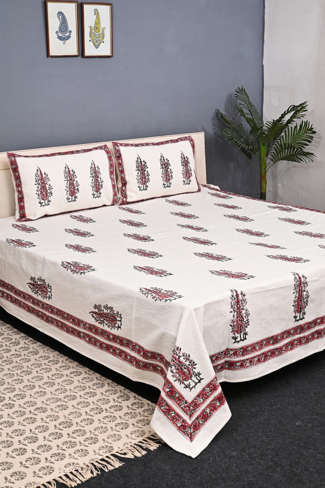 Handloom Cotton Jute Bedcover Set - Block Print