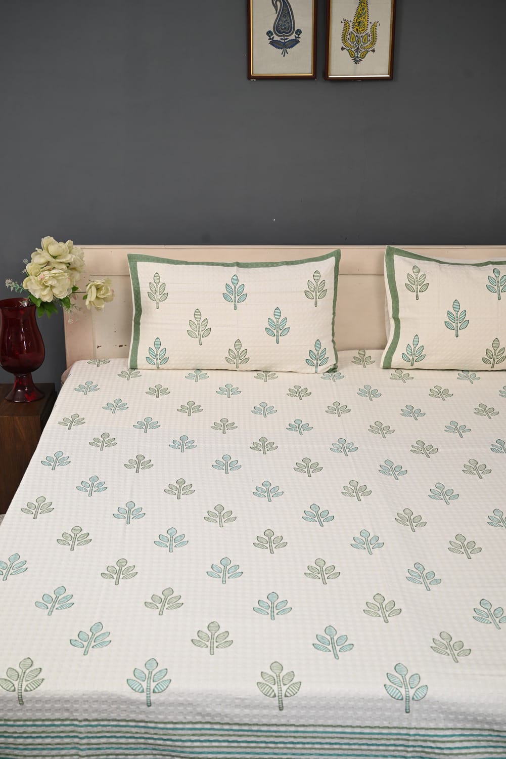 Handloom Cotton Jute Bedcover Set - Block Print