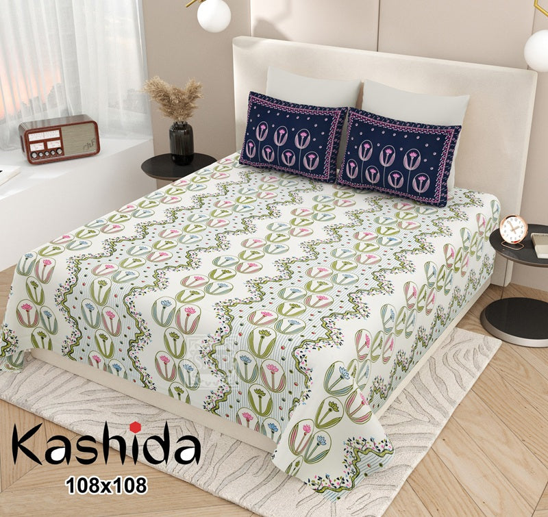 Kashida Bedsheet Set 108 x 108 in - 3 Pcs (Design 0014)