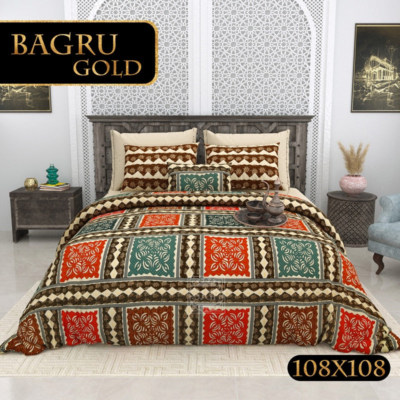 Bagru Gold Bedsheet Set 108 x 108 in - 3 Pcs (Design 0073)