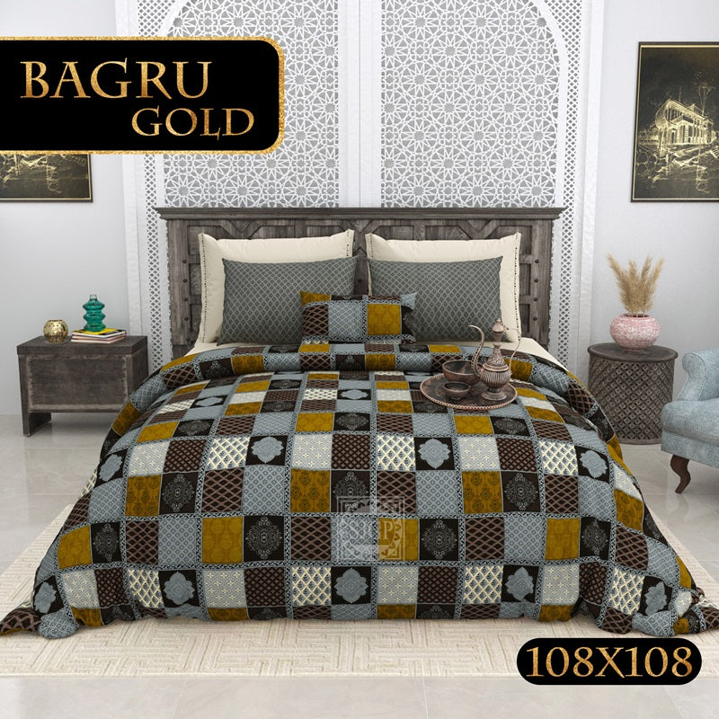 Bagru Gold Bedsheet Set 108 x 108 in - 3 Pcs (Design 0076)