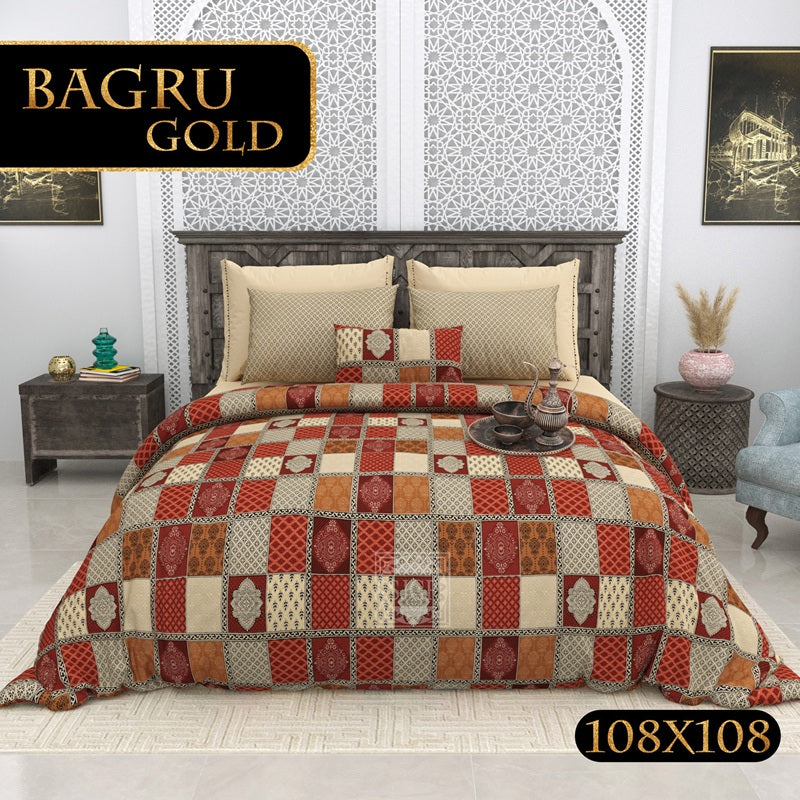 Bagru Gold Bedsheet Set 108 x 108 in - 3 Pcs (Design 0078)