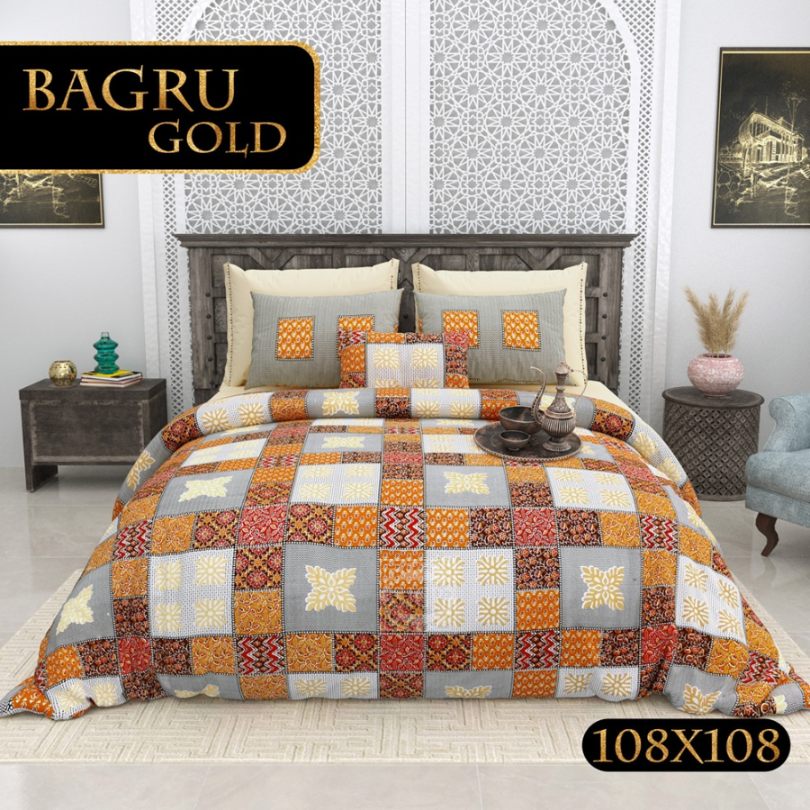 Bagru Gold Bedsheet Set 108 x 108 in - 3 Pcs (Design 0085)