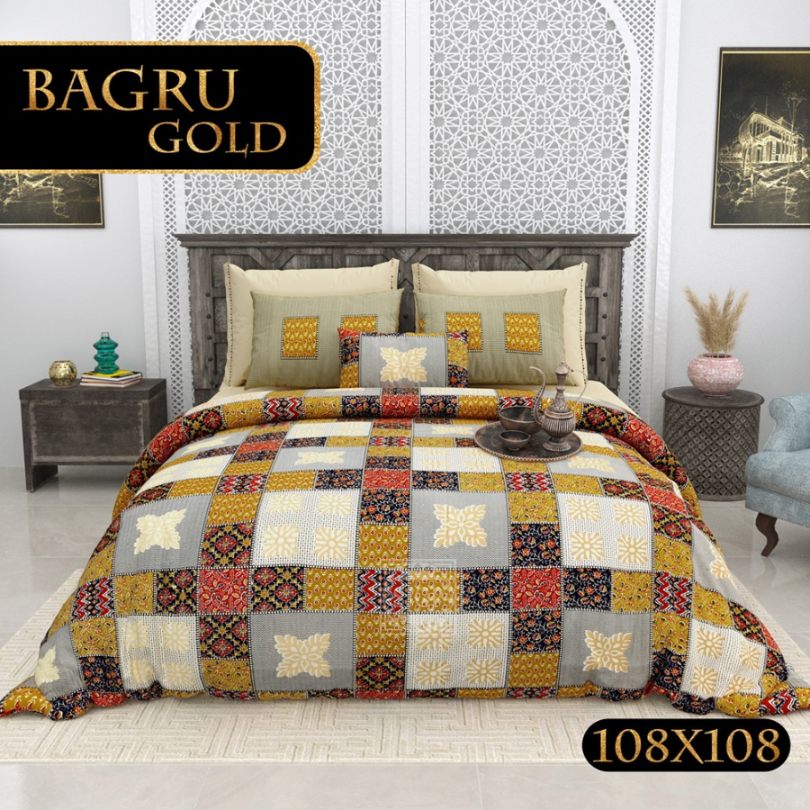 Bagru Gold Bedsheet Set 108 x 108 in - 3 Pcs (Design 0087)