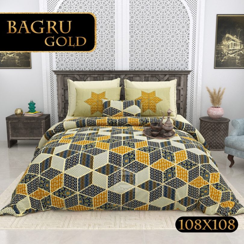Bagru Gold Bedsheet Set 108 x 108 in - 3 Pcs (Design 0088)