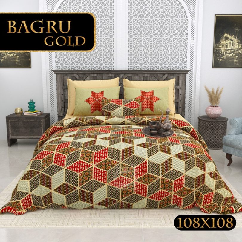 Bagru Gold Bedsheet Set 108 x 108 in - 3 Pcs (Design 0089)