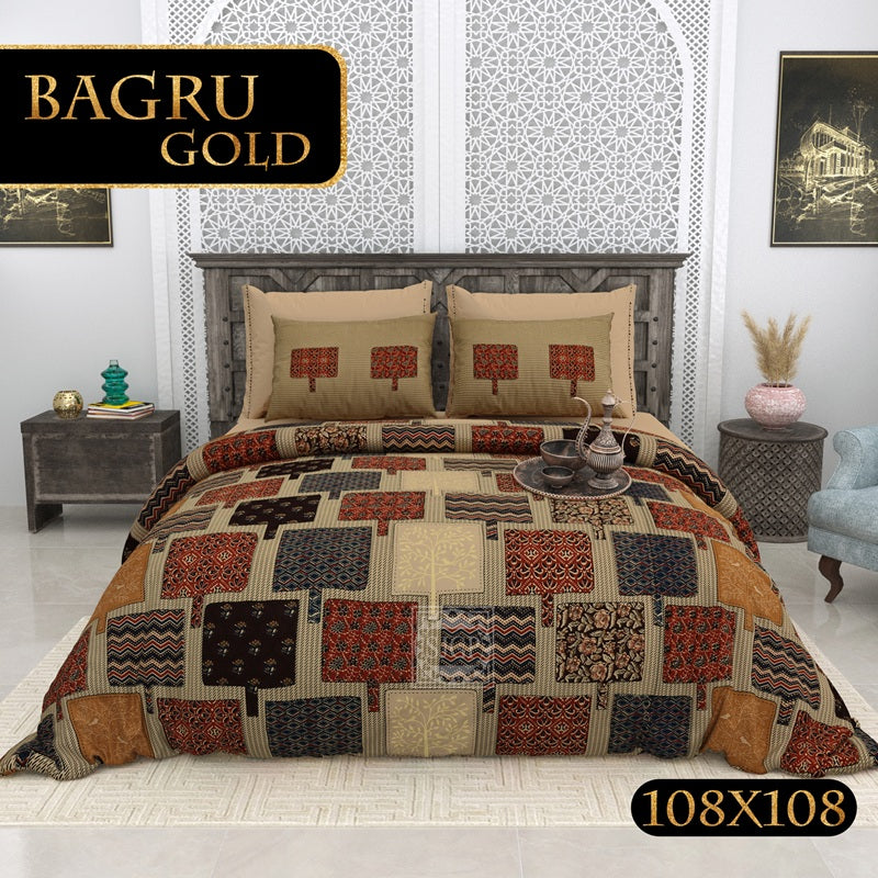 Bagru Gold Bedsheet Set 108 x 108 in - 3 Pcs (Design 0095)
