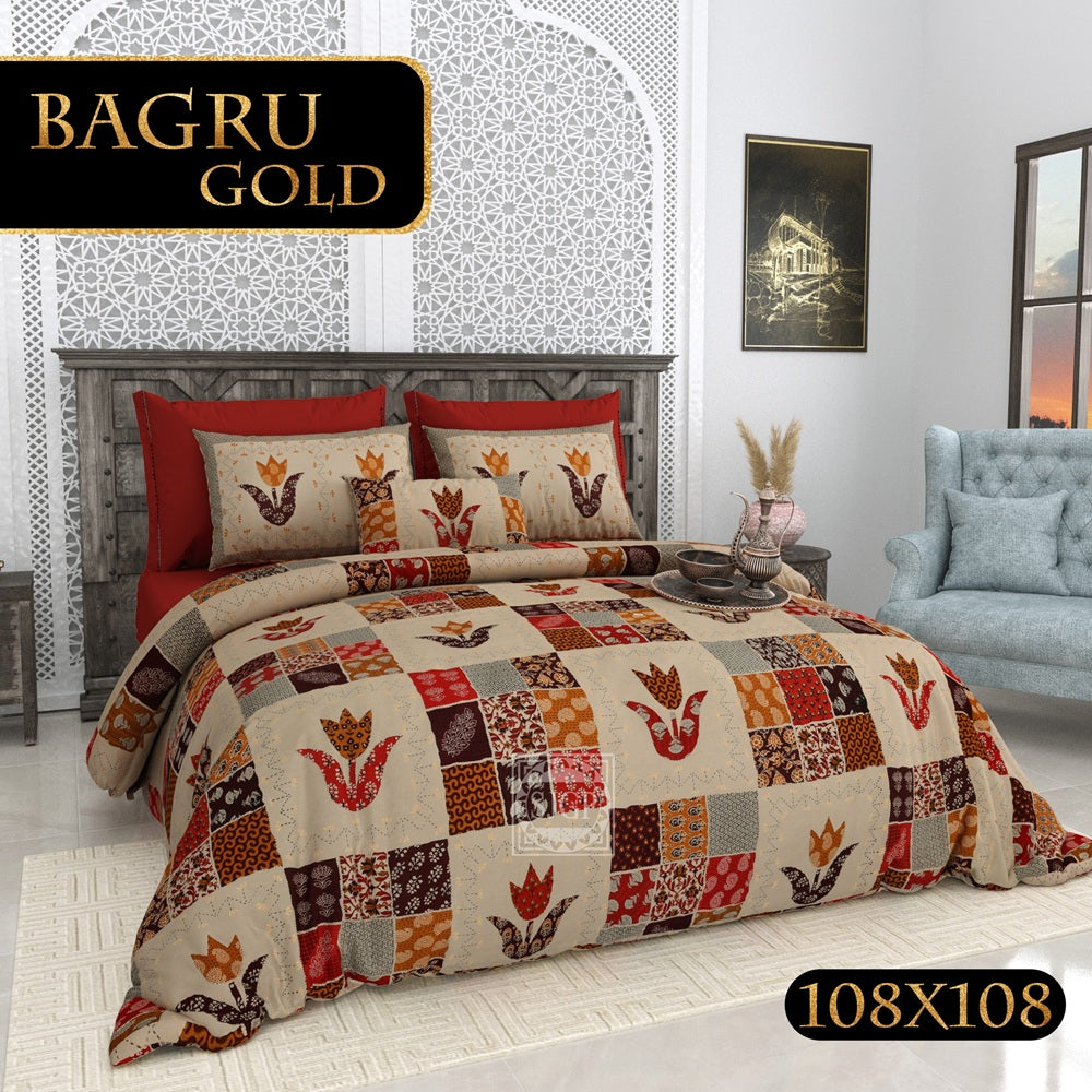 Bagru Gold Bedsheet Set 108 x 108 in - 3 Pcs (Design 0098)