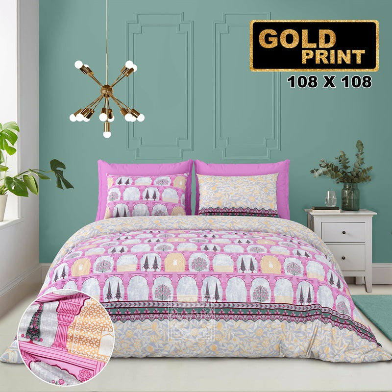 Gold Print Bedsheet Set 108 x 108 in - 3 Pcs (Design 0103)