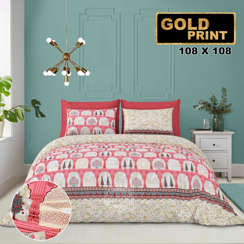 Gold Print Bedsheet Set 108 x 108 in - 3 Pcs (Design 0105)