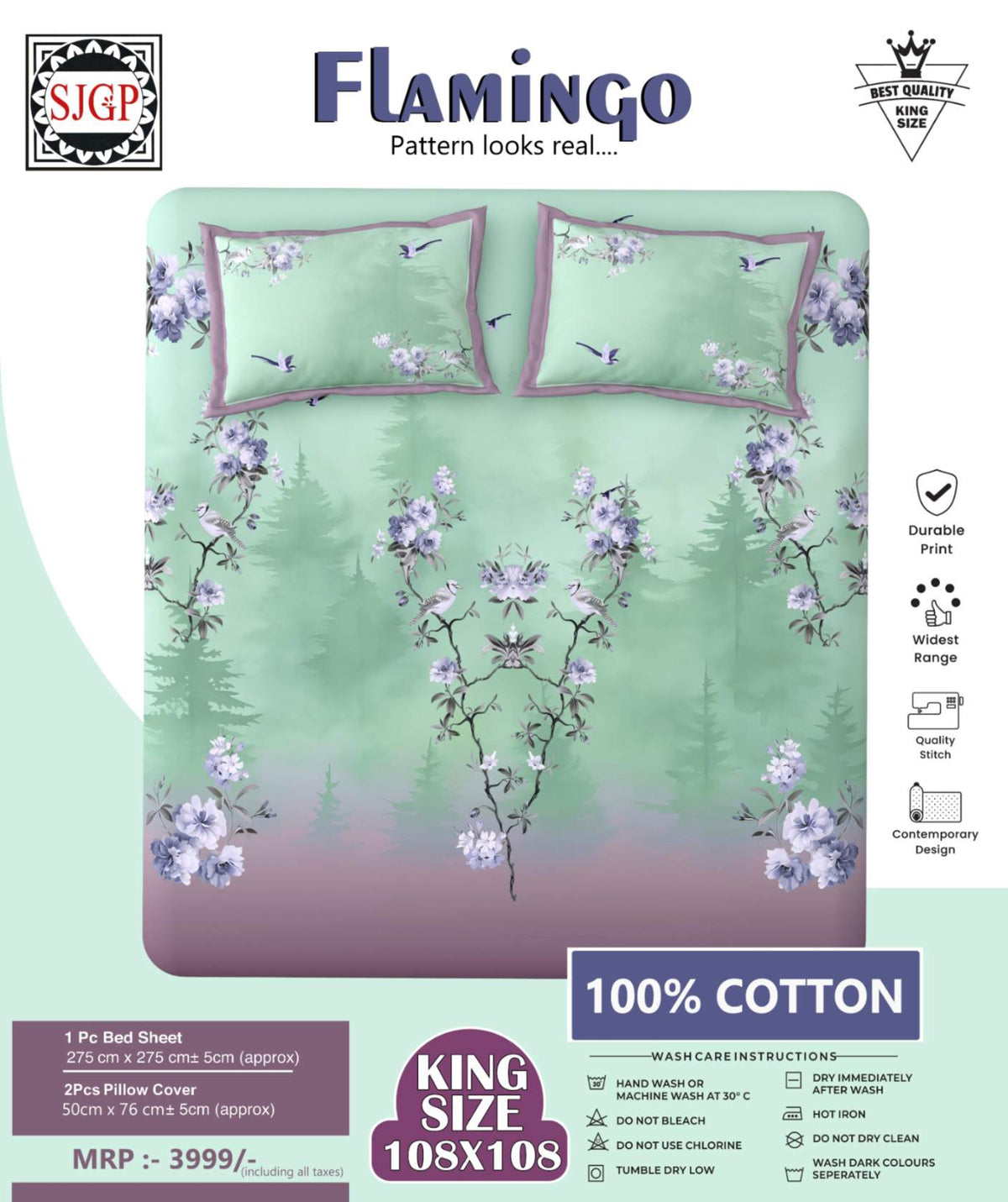 Flamingo Bedsheet Set 108 x 108 in - 3 Pcs (Design 0241)