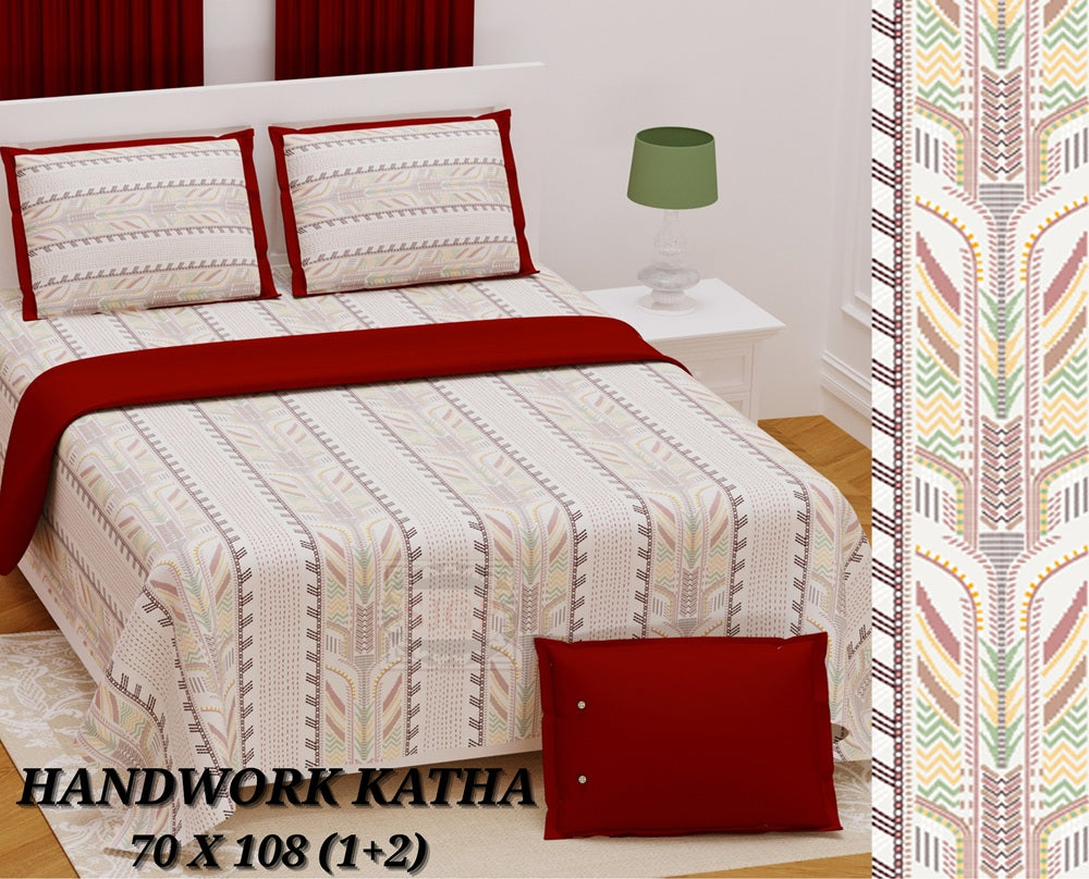 Handwork Katha Bedsheet Set 70 x 108 in - 3 Pcs (Design 1014)