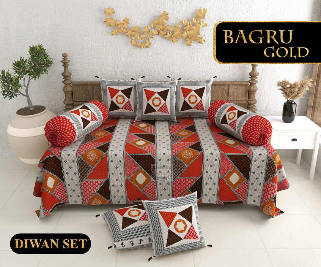 Bagru Gold Diwan Set with Foam 63 x 90 in - 8 Pcs (Design 1302)
