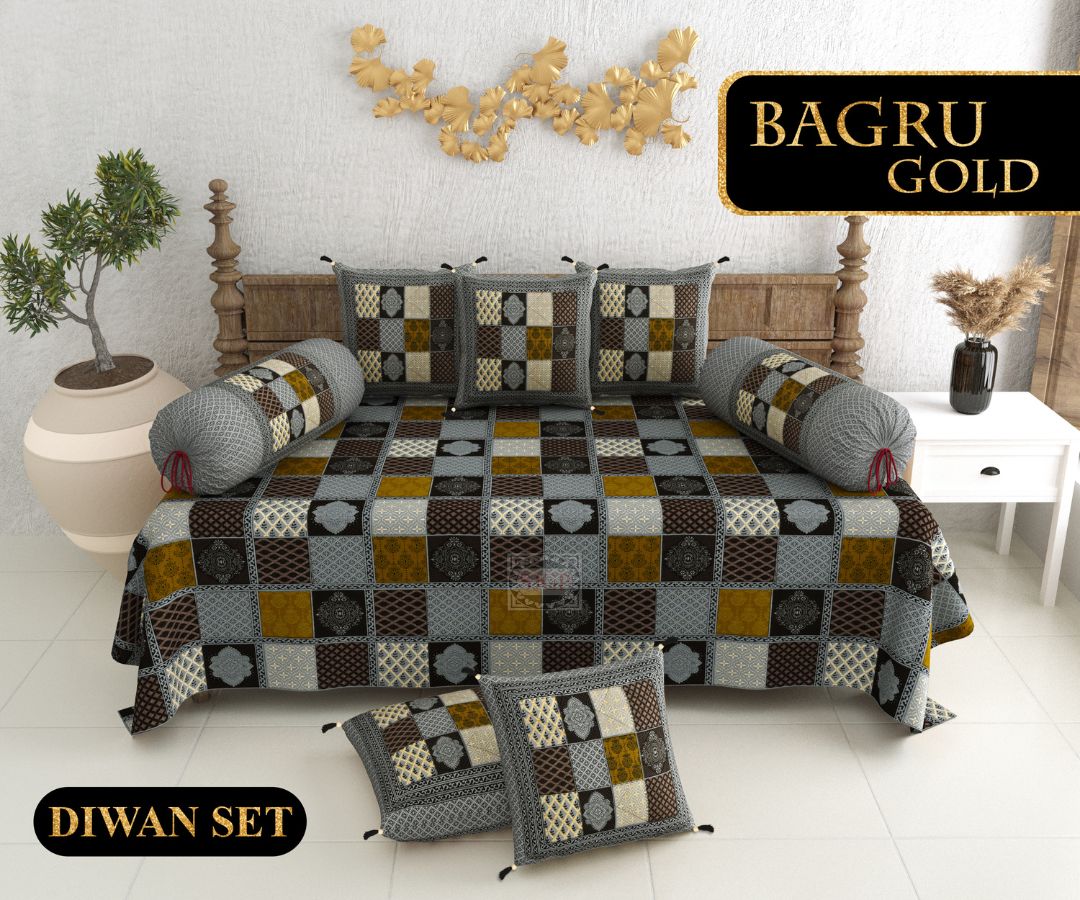 Bagru Gold Diwan Set with Foam 63 x 90 in - 8 Pcs (Design 1309)