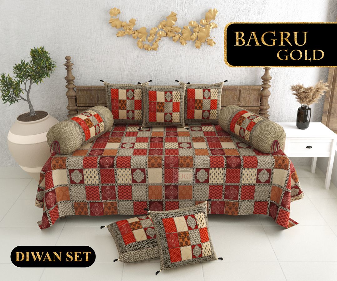Bagru Gold Diwan Set with Foam 63 x 90 in - 8 Pcs (Design 1311)