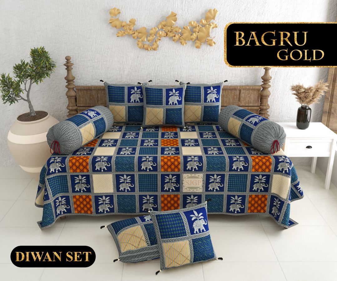 Bagru Gold Diwan Set with Foam 63 x 90 in - 8 Pcs (Design 1316)