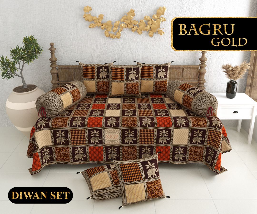 Bagru Gold Diwan Set with Foam 63 x 90 in - 8 Pcs (Design 1322)