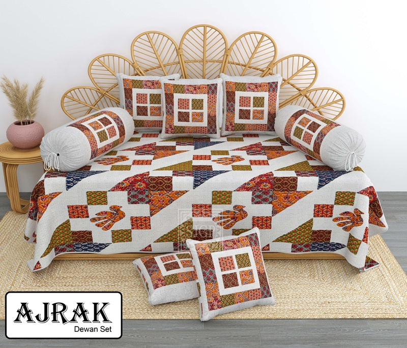 Ajrak Diwan Set with Foam 63 x 90 in - 8 Pcs (Design 1360)
