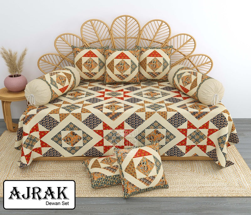 Ajrak Diwan Set with Foam 63 x 90 in - 8 Pcs (Design 1368)