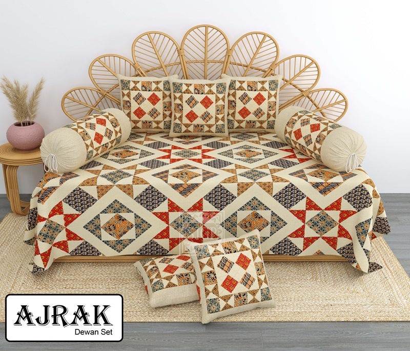 Ajrak Diwan Set with Foam 63 x 90 in - 8 Pcs (Design 1369)
