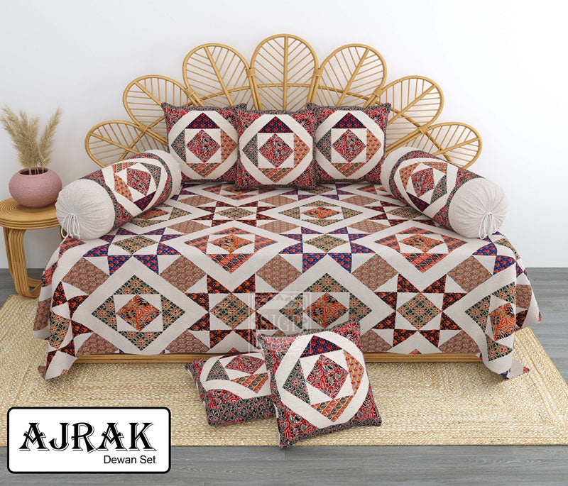 Ajrak Diwan Set with Foam 63 x 90 in - 8 Pcs (Design 1371)