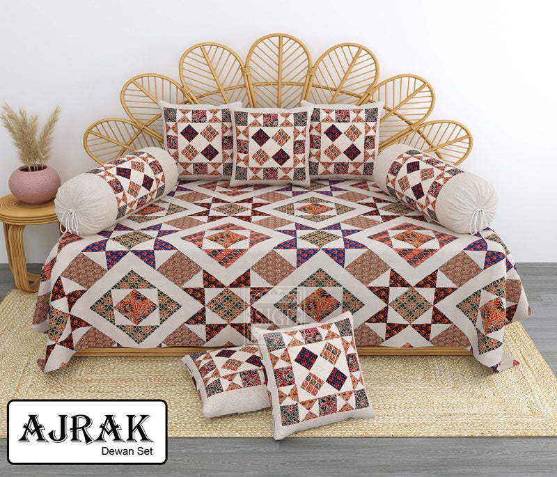 Ajrak Diwan Set with Foam 63 x 90 in - 8 Pcs (Design 1372)