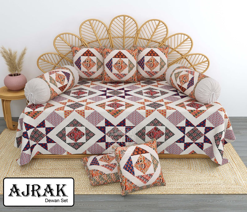 Ajrak Diwan Set with Foam 63 x 90 in - 8 Pcs (Design 1374)