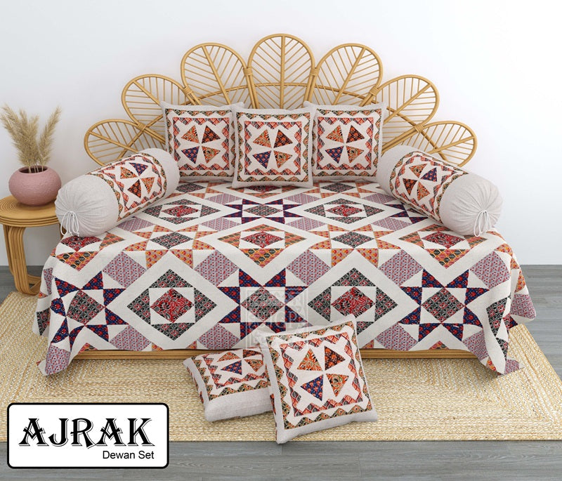 Ajrak Diwan Set with Foam 63 x 90 in - 8 Pcs (Design 1376)