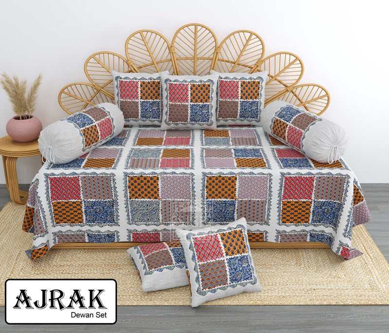Ajrak Diwan Set with Foam 63 x 90 in - 8 Pcs (Design 1378)