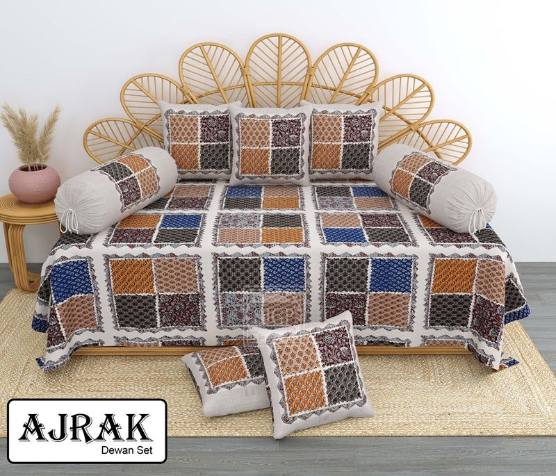 Ajrak Diwan Set with Foam 63 x 90 in - 8 Pcs (Design 1382)