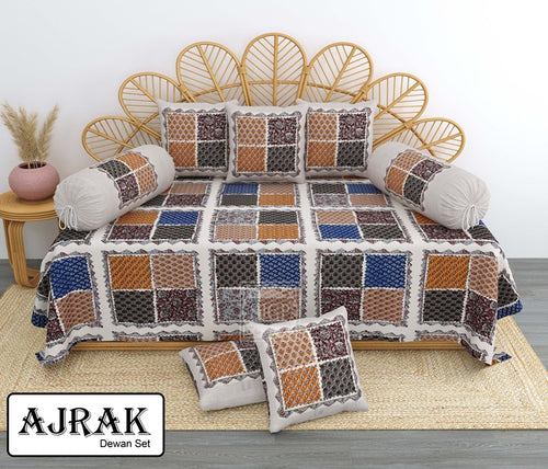 Ajrak Diwan Set with Foam 63 x 90 in - 8 Pcs (Design 1382)
