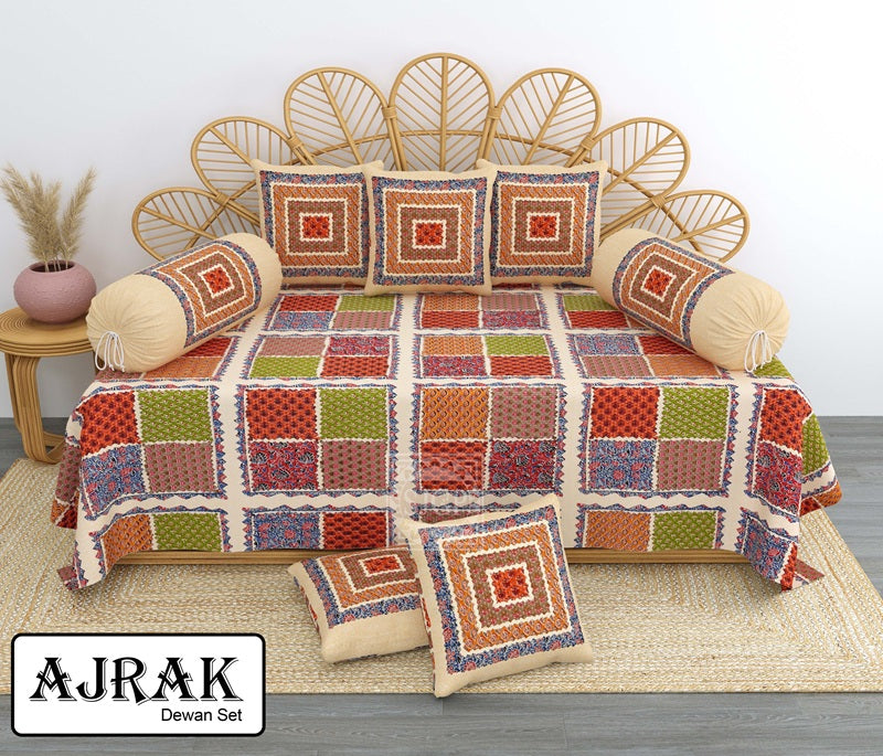 Ajrak Diwan Set with Foam 63 x 90 in - 8 Pcs (Design 1385)